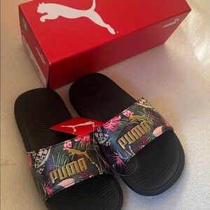 Puma Black and Pink Floral Slides-size -6